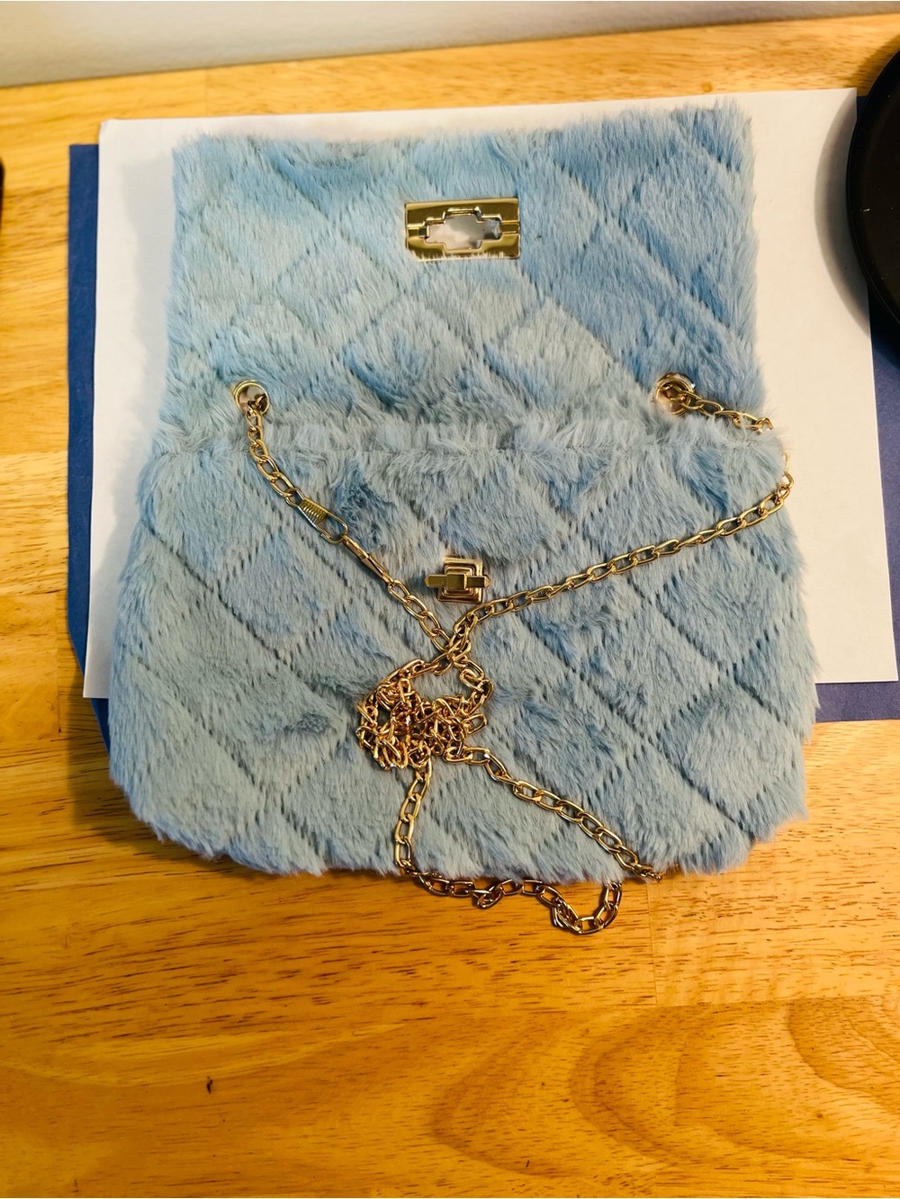 🆕 Blue Faux-Fur Quilted Chain Shoulder Bag